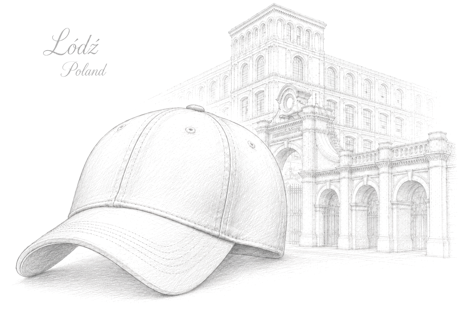 Pencil sketch of a custom baseball cap with the historic Manufaktura architecture in Łódź, Poland